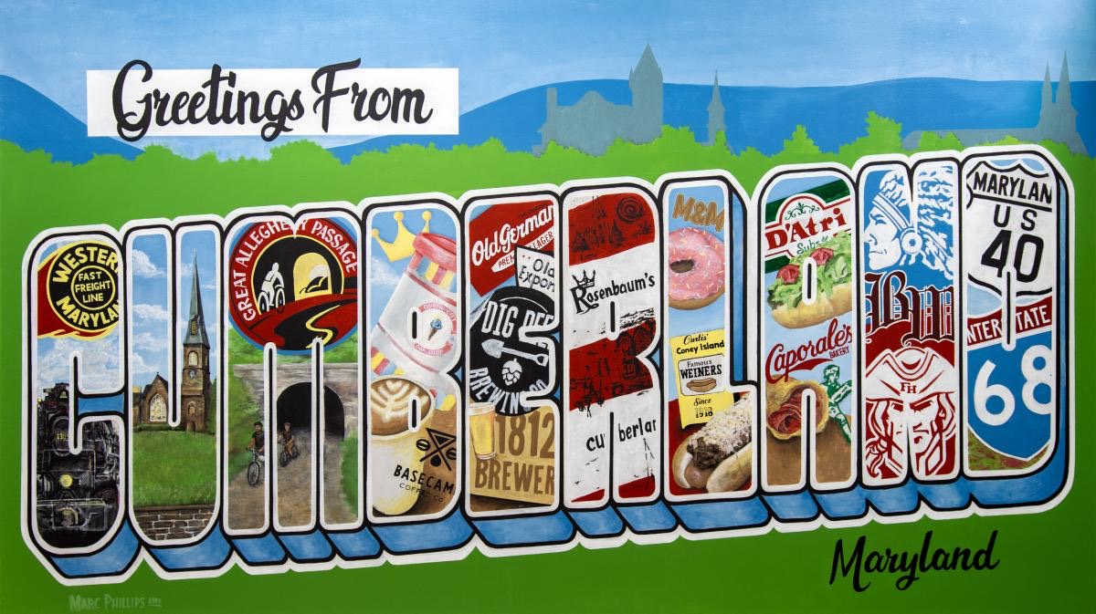 Greetings from Cumberland mural by Marc Phillips, with local landmarks and businesses illustrated inside large postcard-style letters